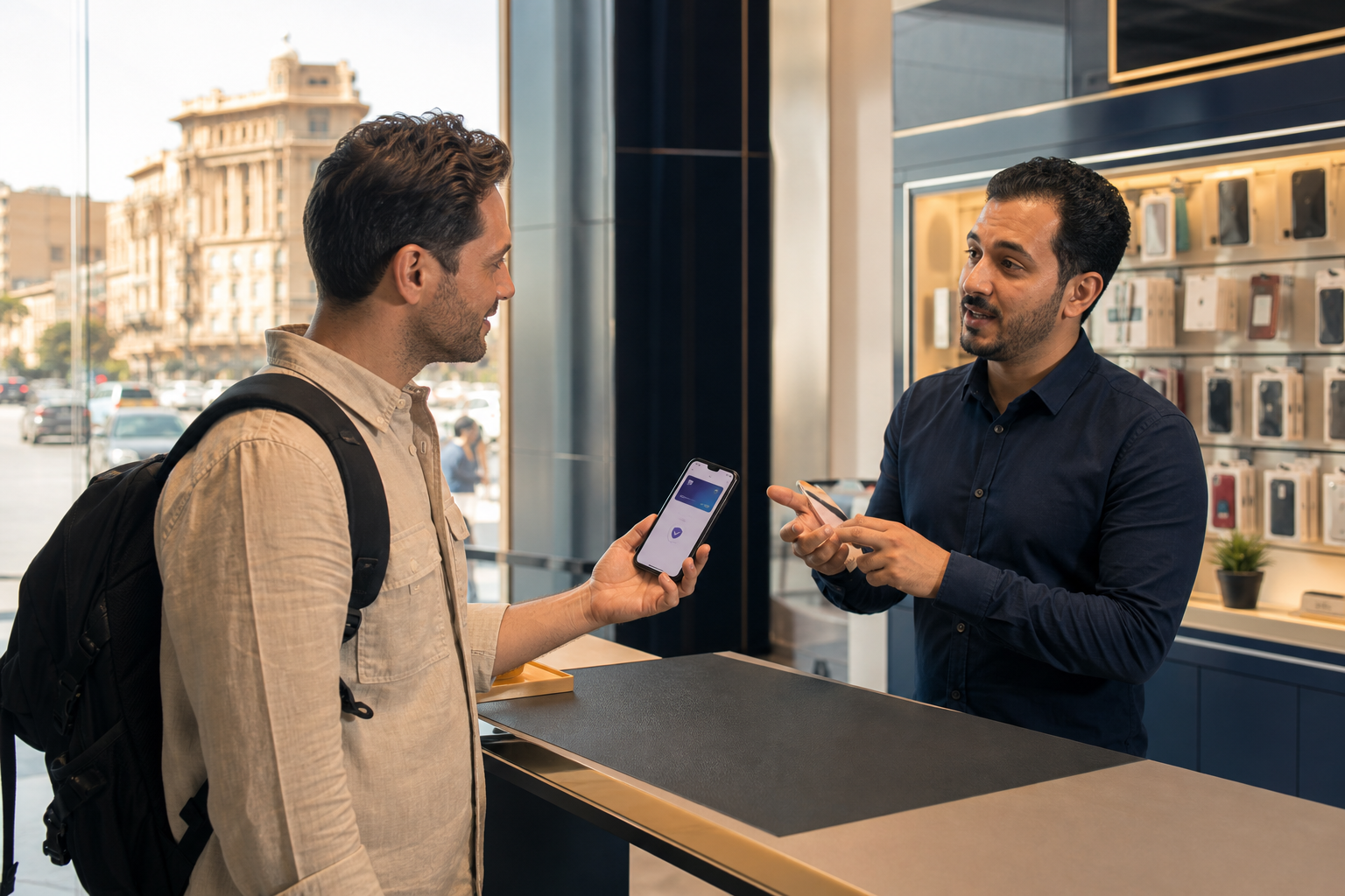 Reisender informiert sich in einem ägyptischen Mobilfunkshop über Mobile Wallets