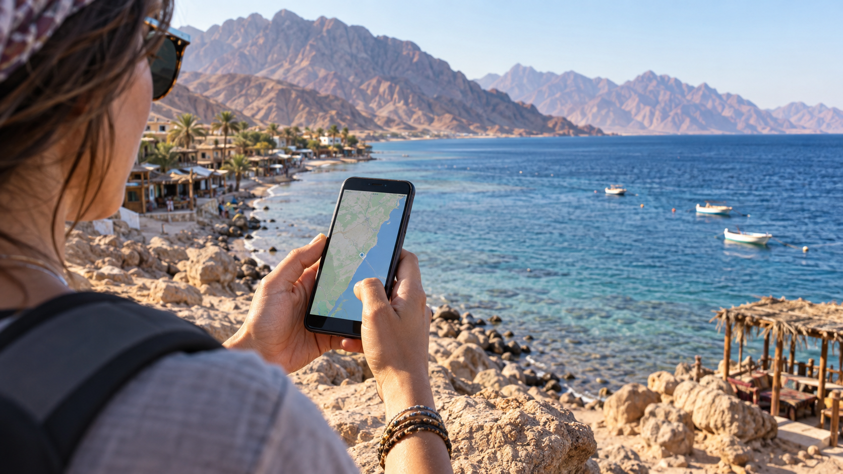 Reisender mit Smartphone und Kartenansicht an der Küste von Dahab