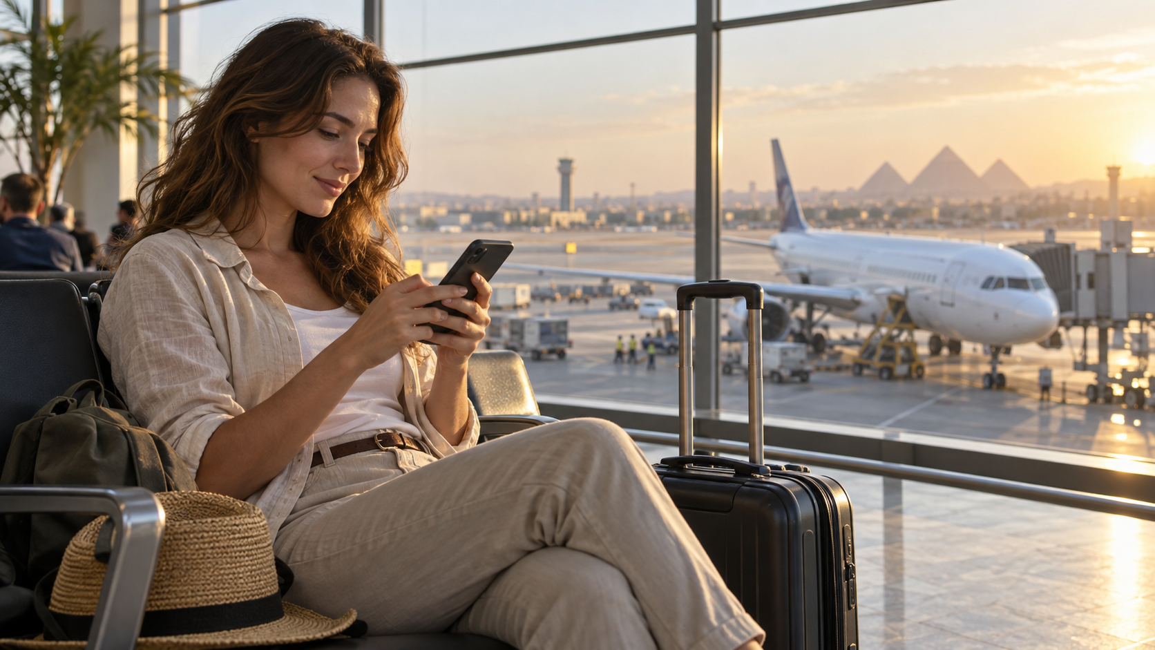 Reisender bereitet sein Smartphone in einer Flughafenlounge auf die Reise vor